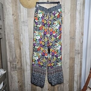 Green Dragon Multicolor Print Elastic Waist Wide Leg High-rise Pants Pockets Sml